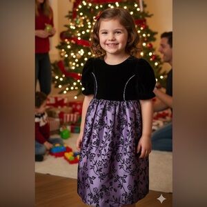 Teddy’s Choice Holiday Dress Girls Size 3 Velvet Party Dress Black Purple Floral